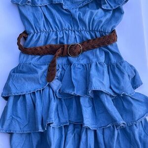 Blue  Ruffled Dress with Brown Belt